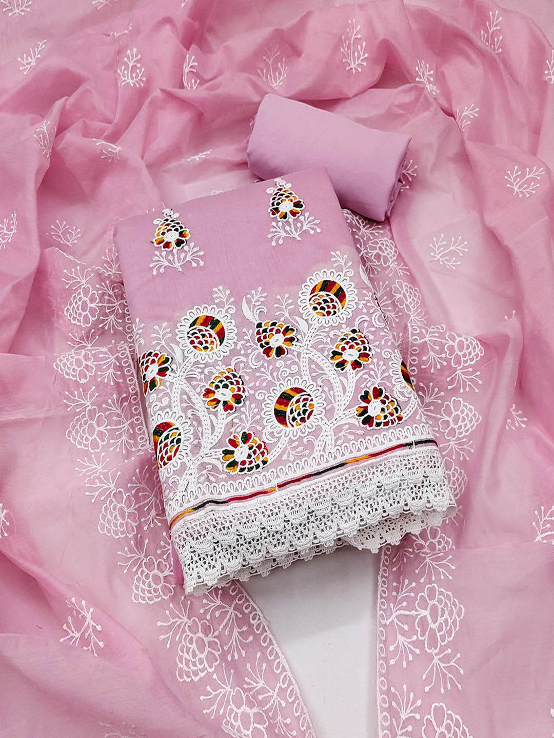 

Peachmode Embroidered Chanderi Cotton Unstitched Dress Material, Pink