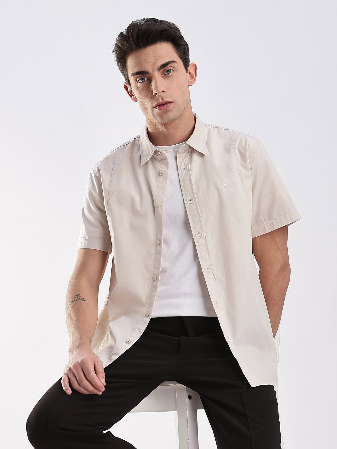 

Calvin Klein Jeans Cotton Opaque Printed Casual Shirt, Beige