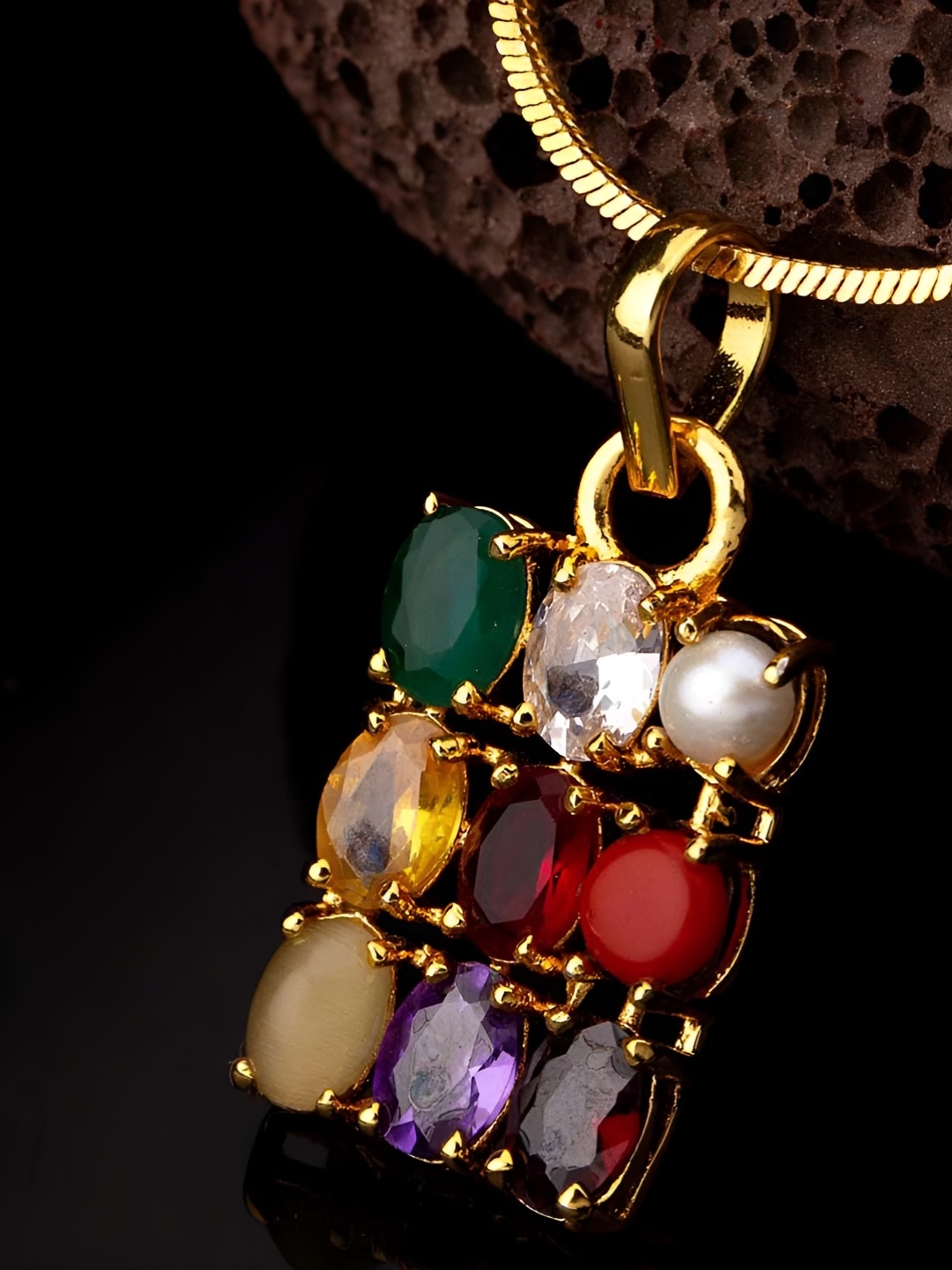 

Vrinban International Gold-Plated Cubic Zirconia Square-Shaped Pendant With Chain