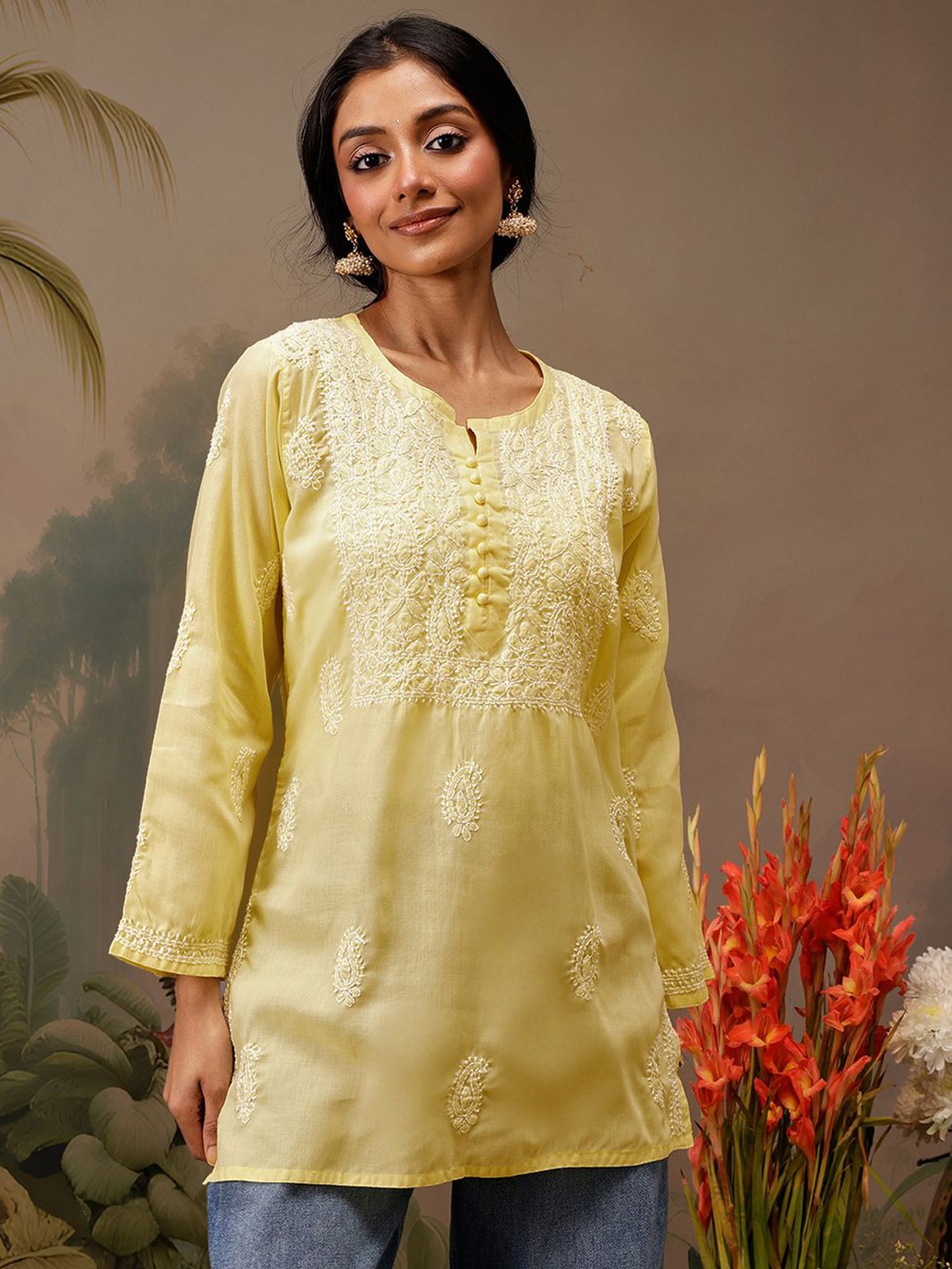 

ADA Women Ethnic Motifs Embroidered Thread Work Chikankari Kurti, Yellow