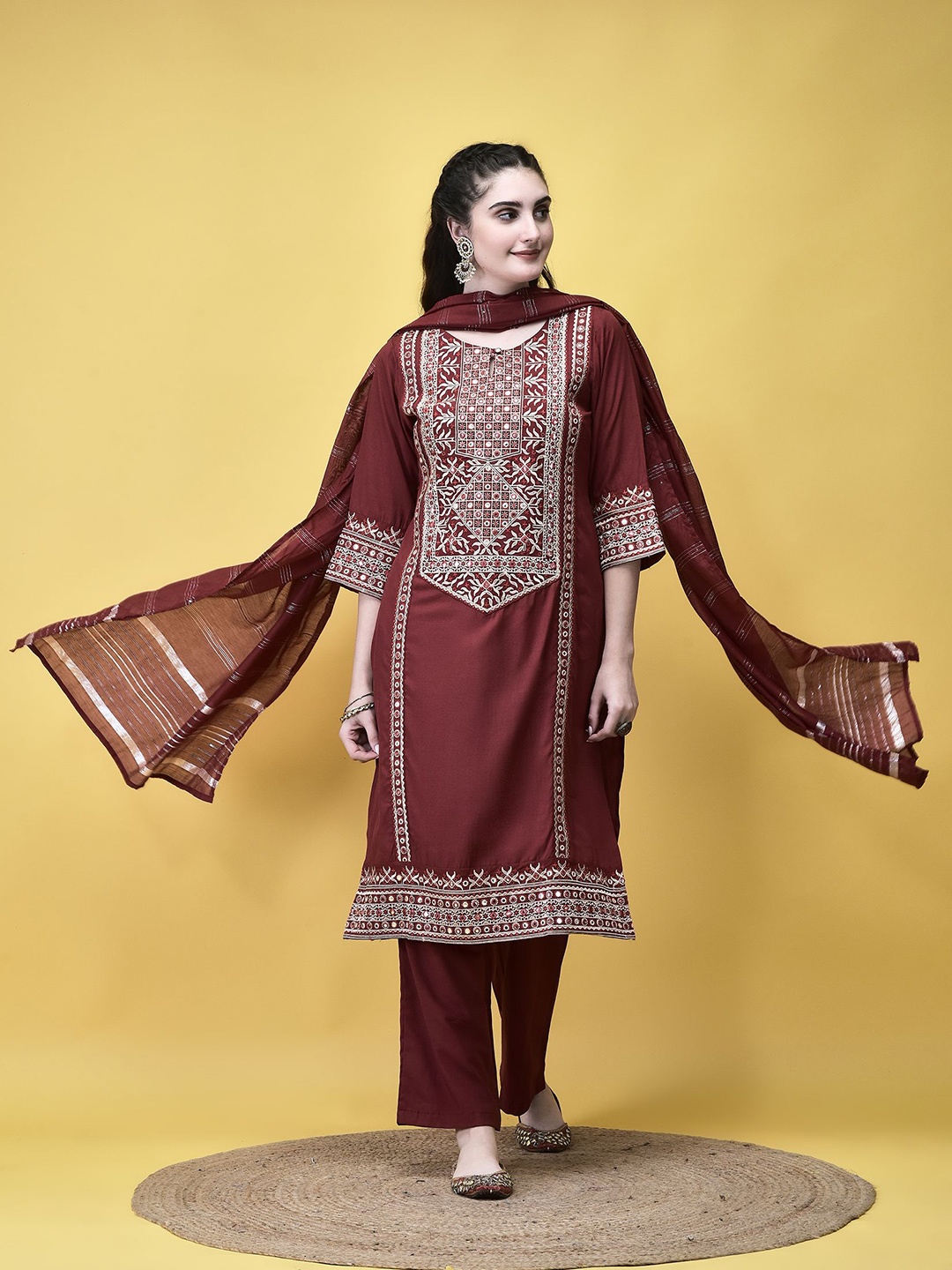

Shree Floral Printed Mirror Work Liva Straight Kurta With Trouser And Dupatta, Brown