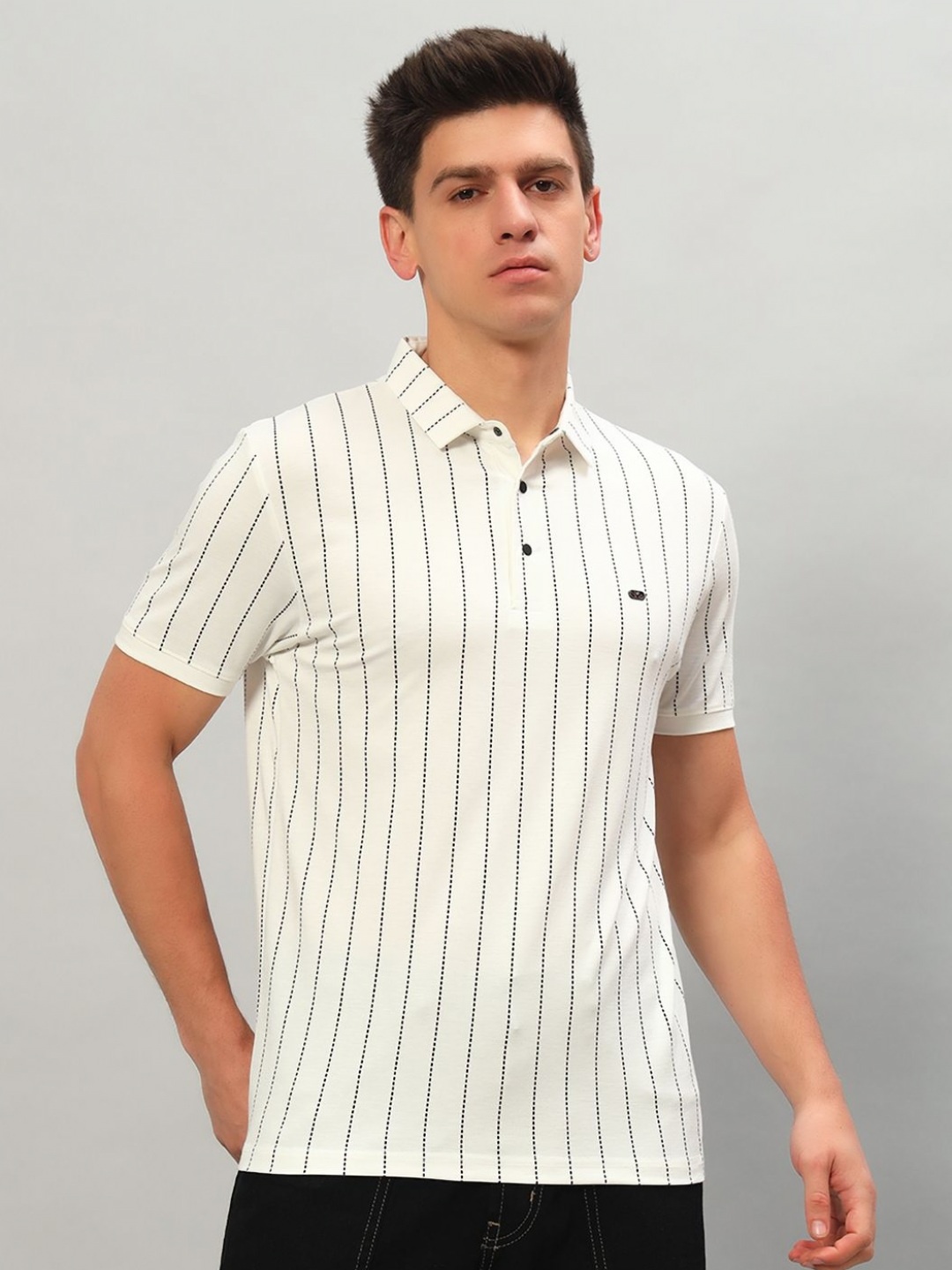 

PROFY Men Striped Polo Collar Cotton T-shirt, White