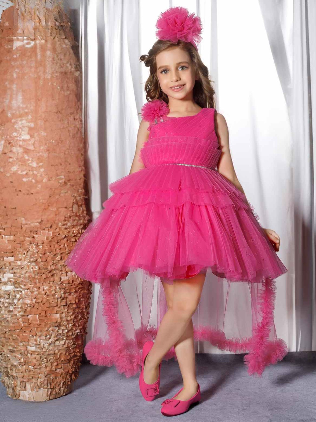 

Lagorii Girls Floral Embellished And Stone Work Party Wear Frock Pink