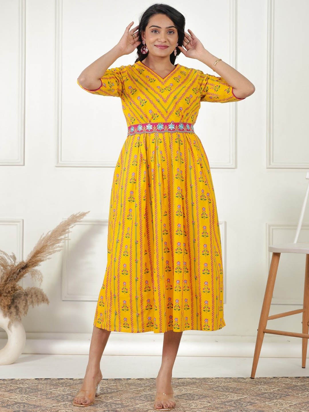 

Aramya Floral Printed V-Neck Pure Cotton A-Line Ethnic Dress With Belt, Yellow