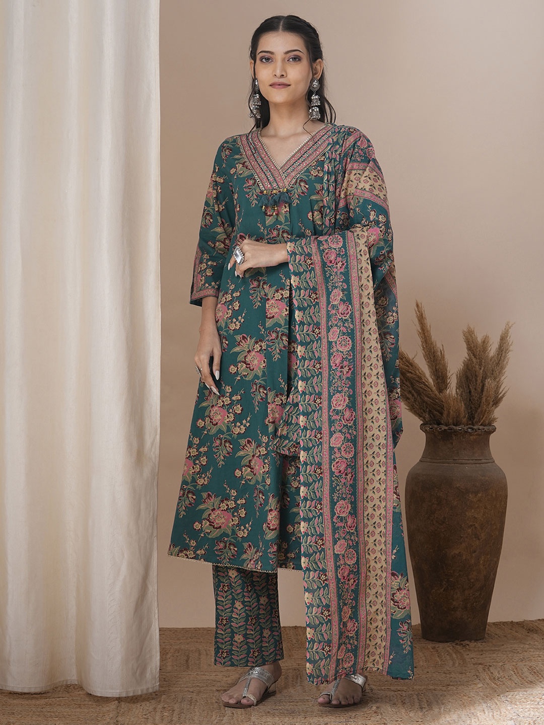 

FASHOR Ethnic Motifs Printed Mirror Work Pure Cotton Kurta with Trousers & Dupatta, Teal
