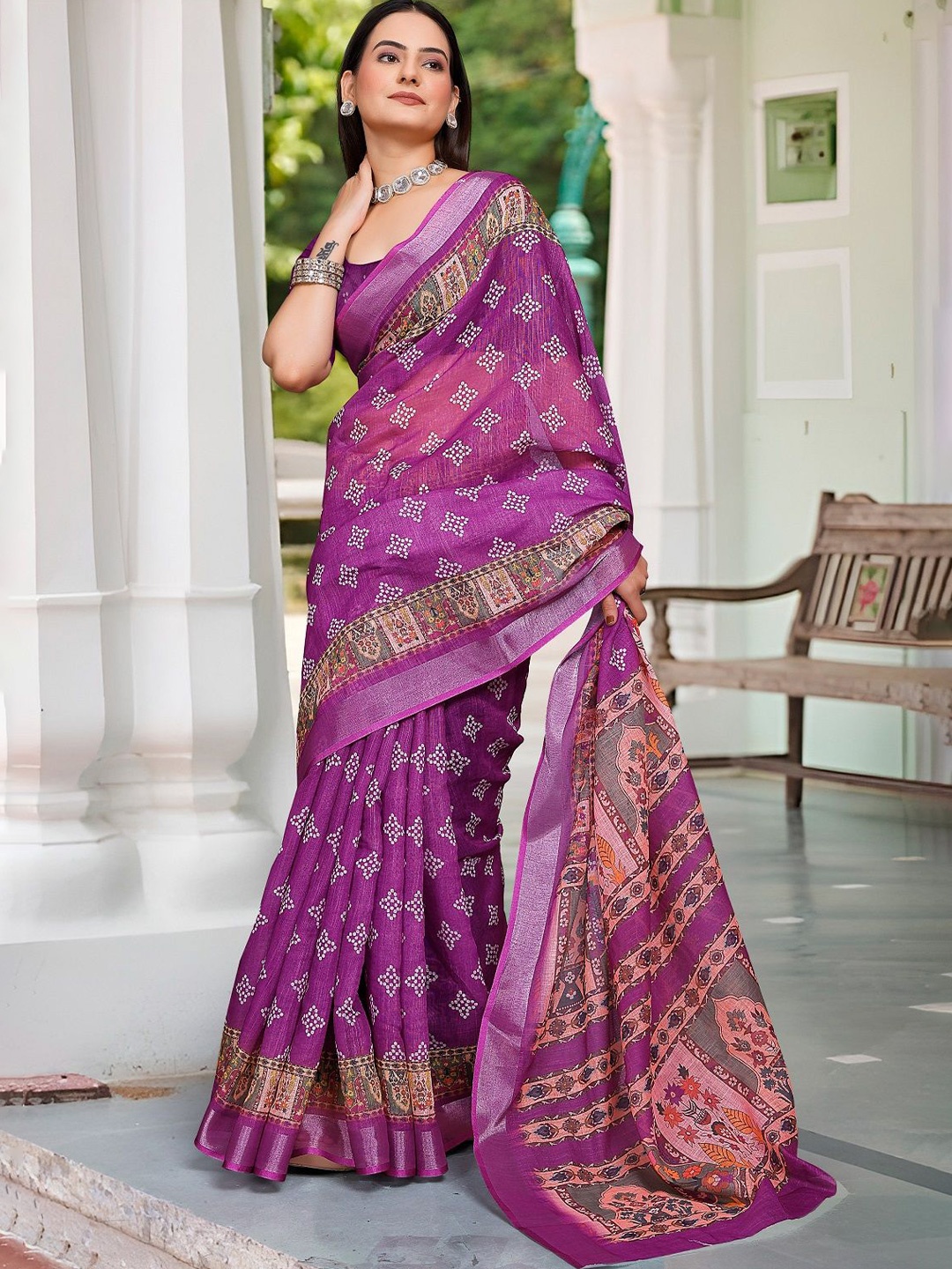 

ORUS Printed Pure Cotton Saree, Magenta