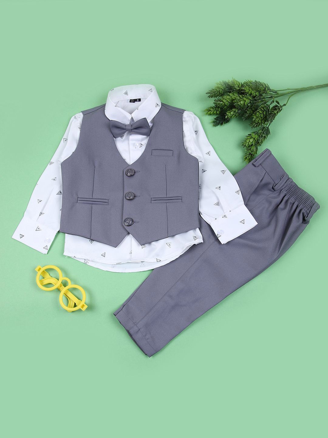 

V-Mart Boys Printed Single-Breasted Cotton 3 Piece Suits, Grey