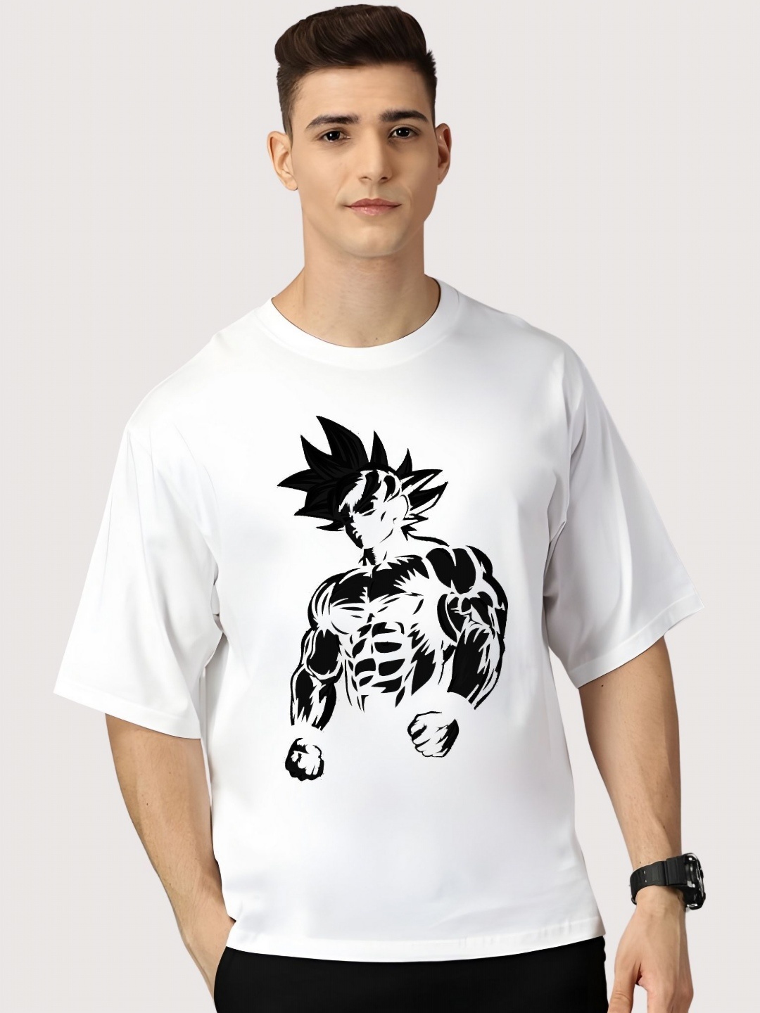 

SZN Men Dragon Ball Z Graphic Printed Round Neck Cotton Oversized T-shirt, White
