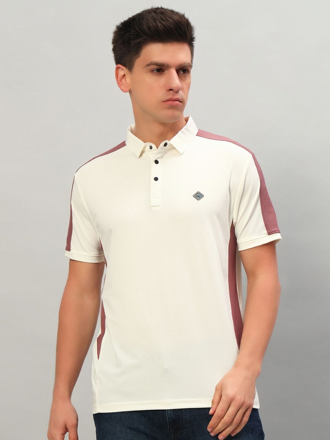 

PROFY Men Striped Polo Collar Cotton T-shirt, White