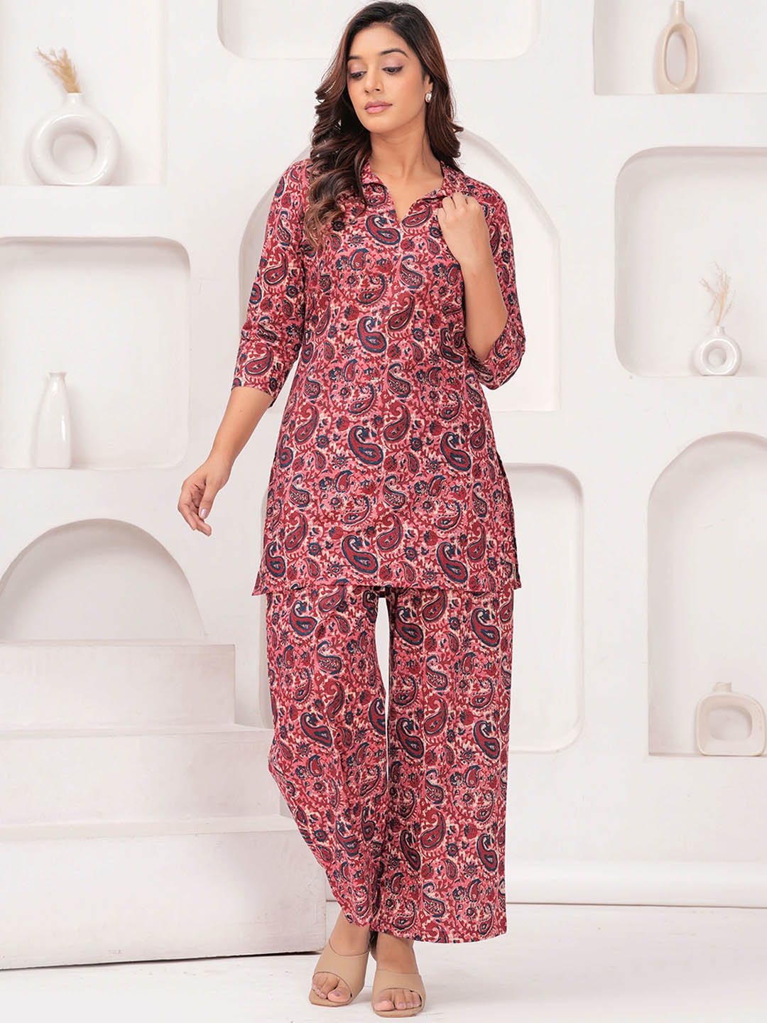 

all about you Printed Shirt Collar Pure Cotton Tunic With Palazzo, Maroon