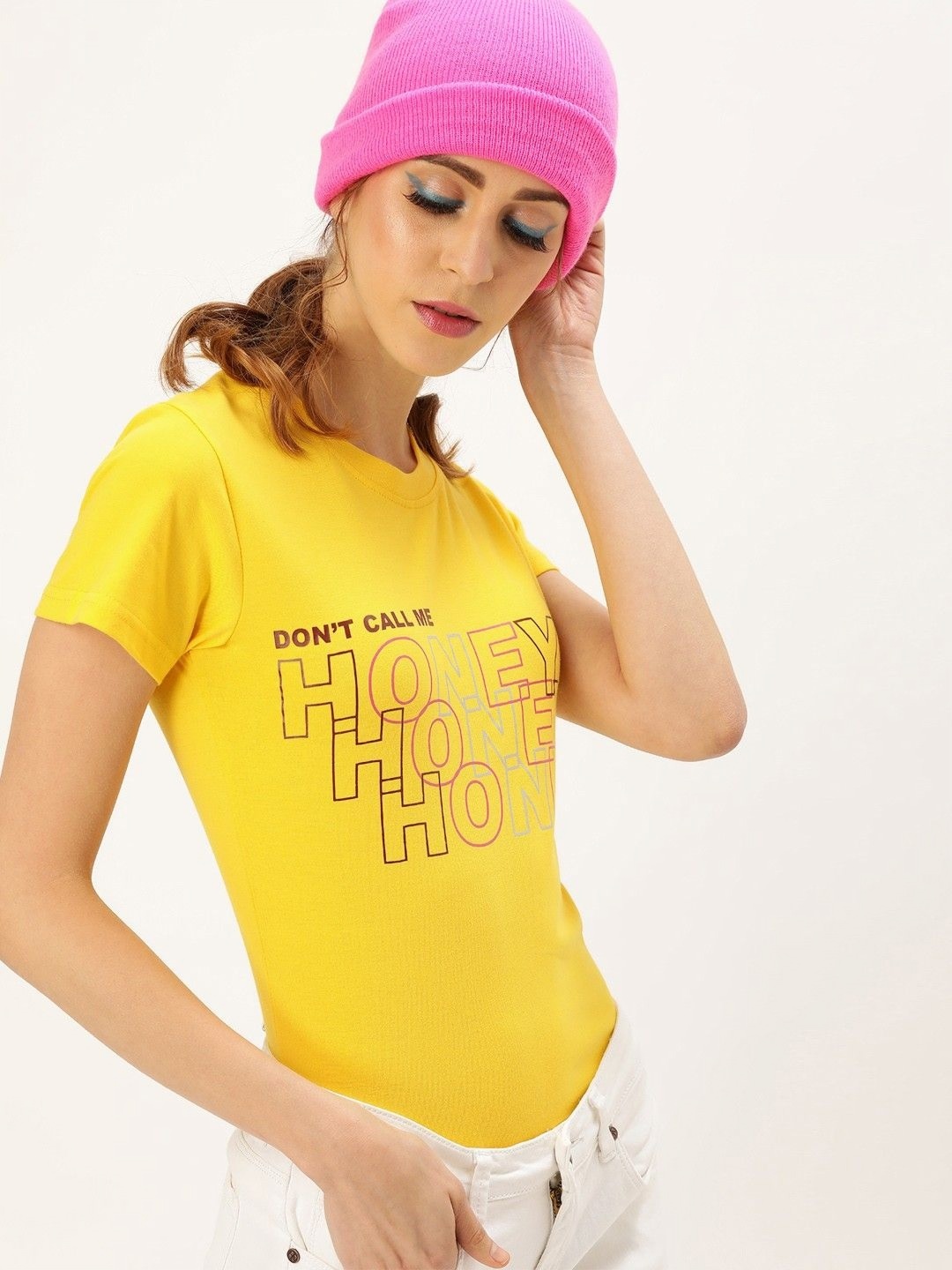 

Moda Rapido Women Typography Printed Applique T-shirt, Yellow