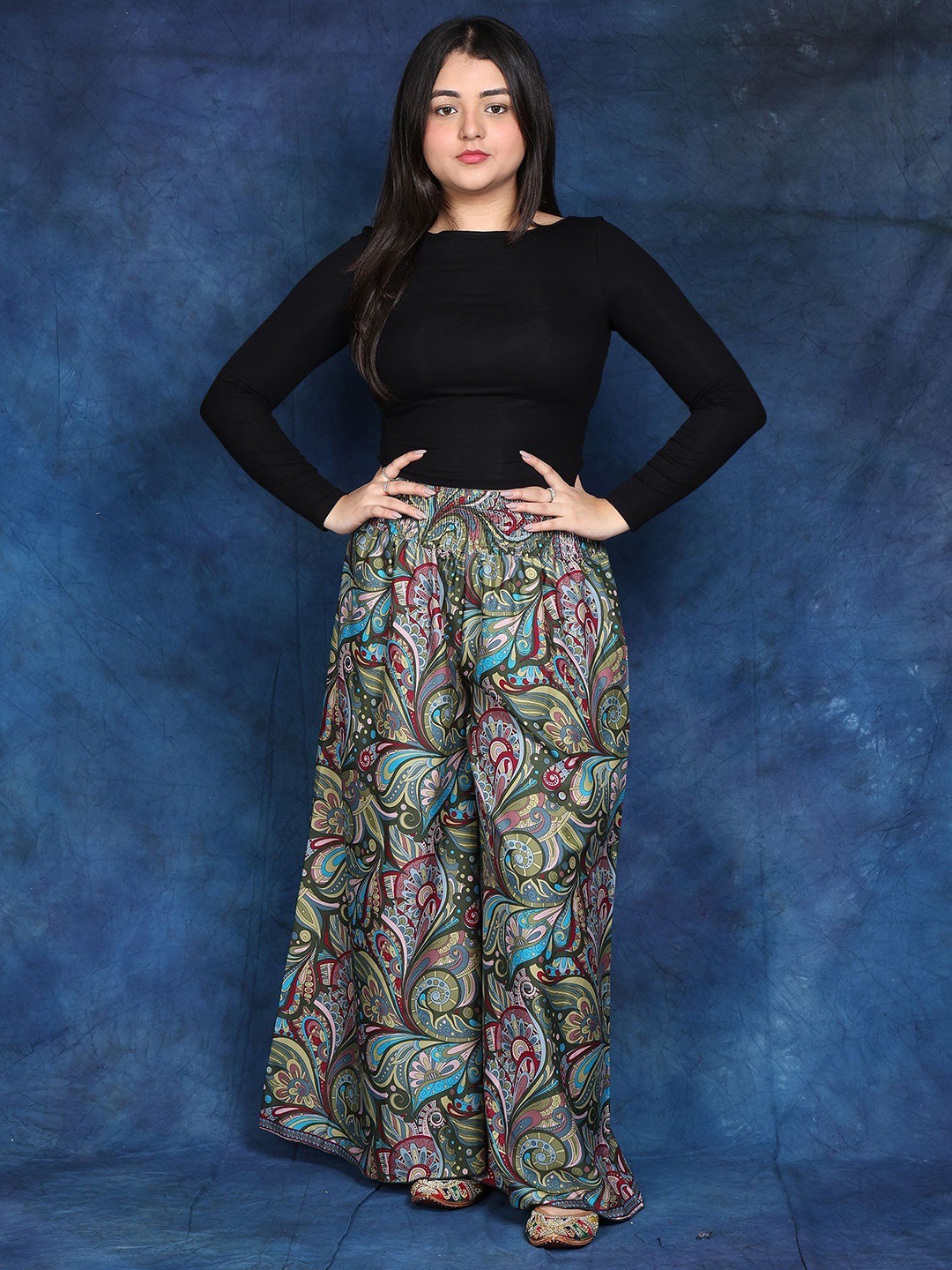 

Exotic India Women Elastic-Waist Loose Fit Palazzo with Printed Floral Motifs, Green