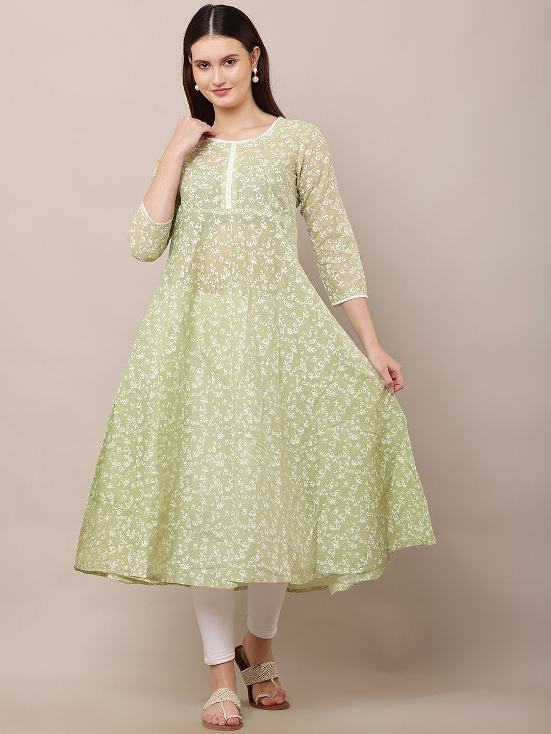 

EZIS FASHION Floral Printed Round Neck Pure Cotton Anarkali Kurta, Lime green