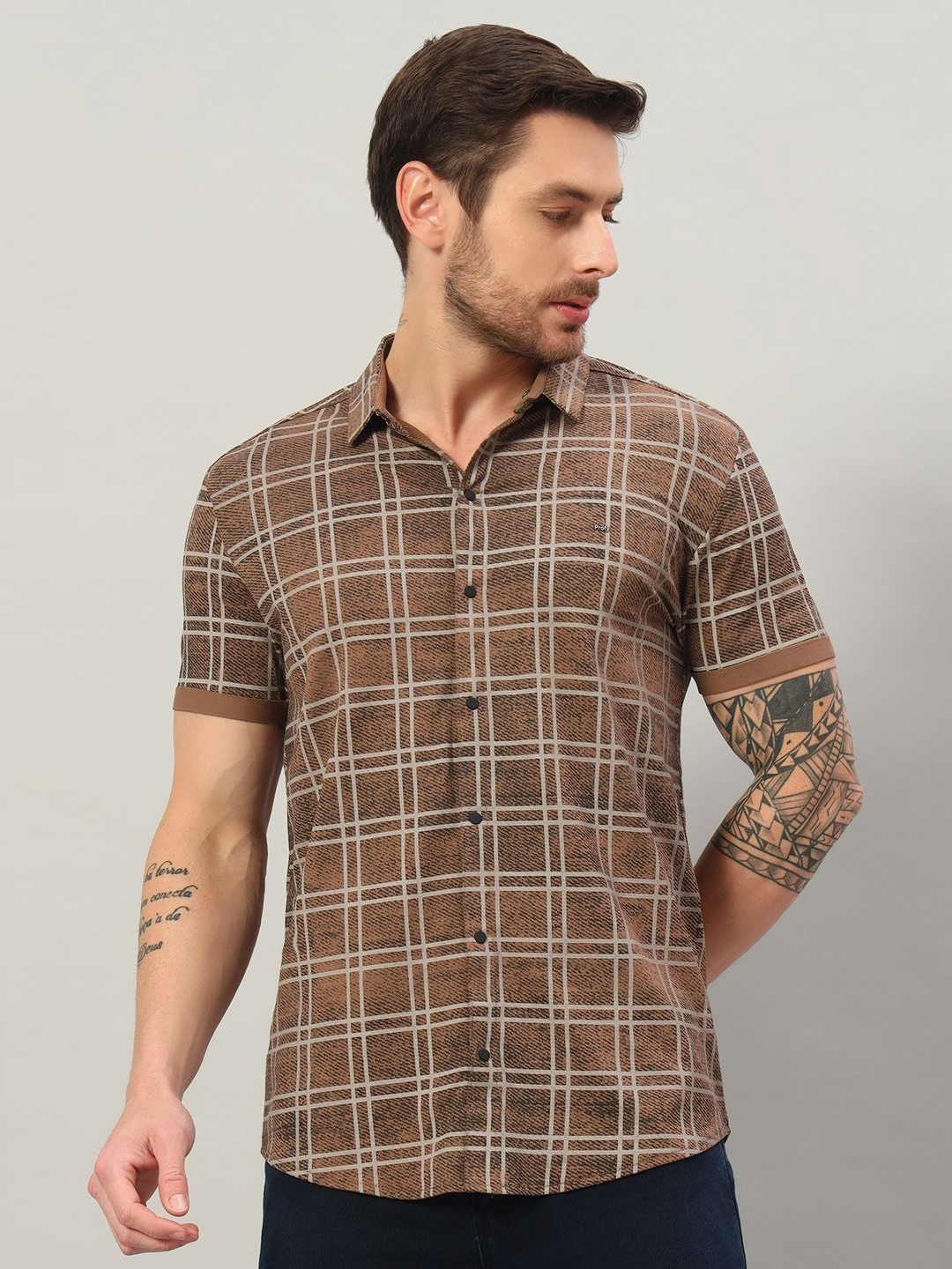 

PROFY Men Checked Cotton Slim Fit Casual Shirt, Brown