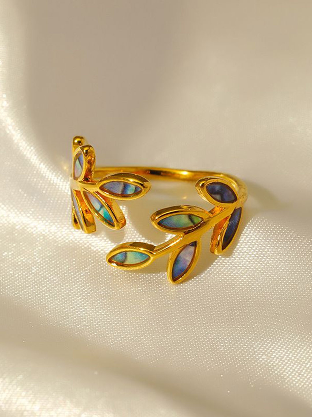 

Just Lil Things Leaf Motif Stone Studded Finger Ring, Gold