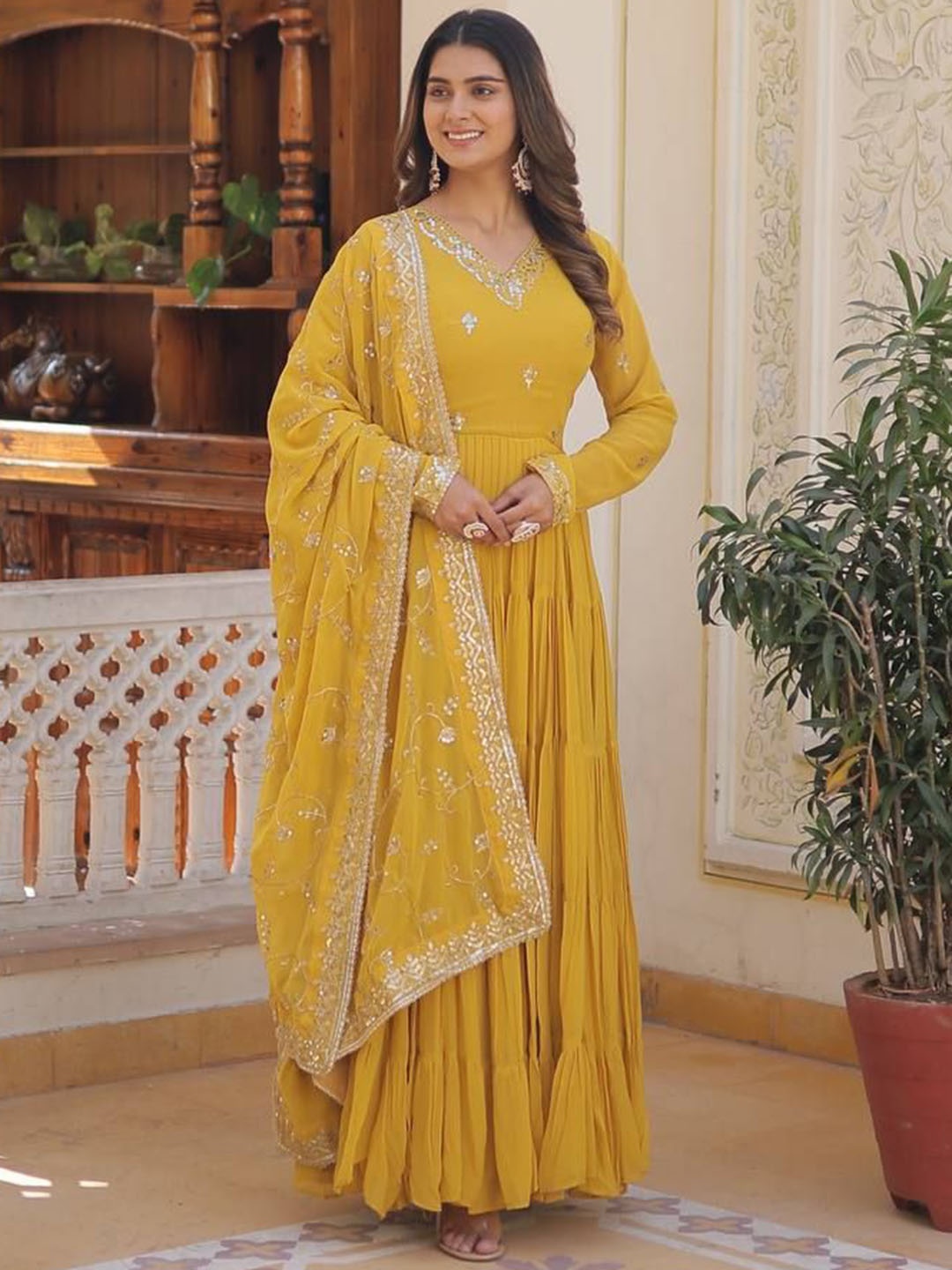 

ZIBLON Rich Sequins Embroidered Work Gown With Dupatta, Yellow