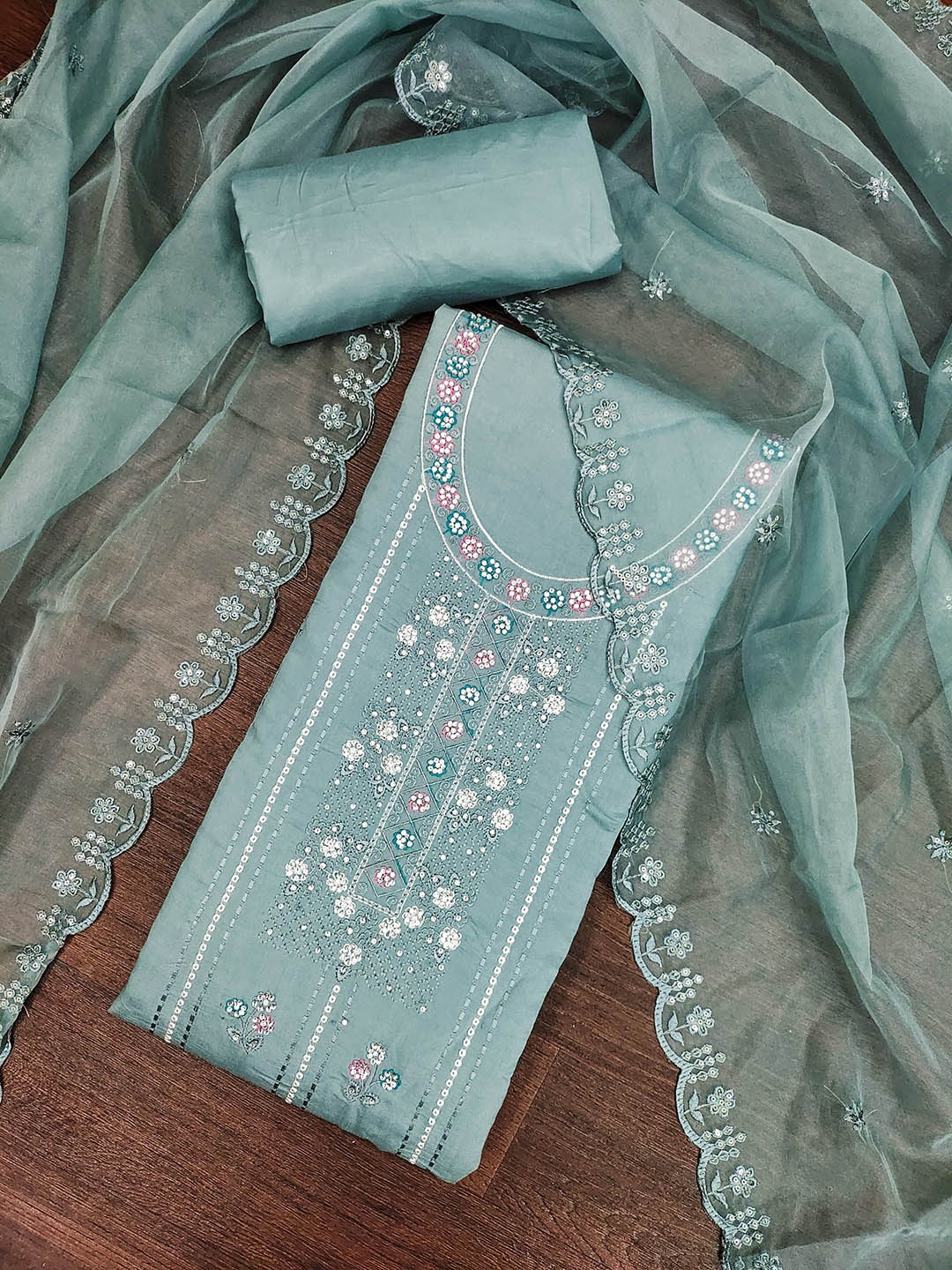 

SHADOW & SAINING Embroidered Zari Pure Silk Semi-Stitched Dress Material, Sea green