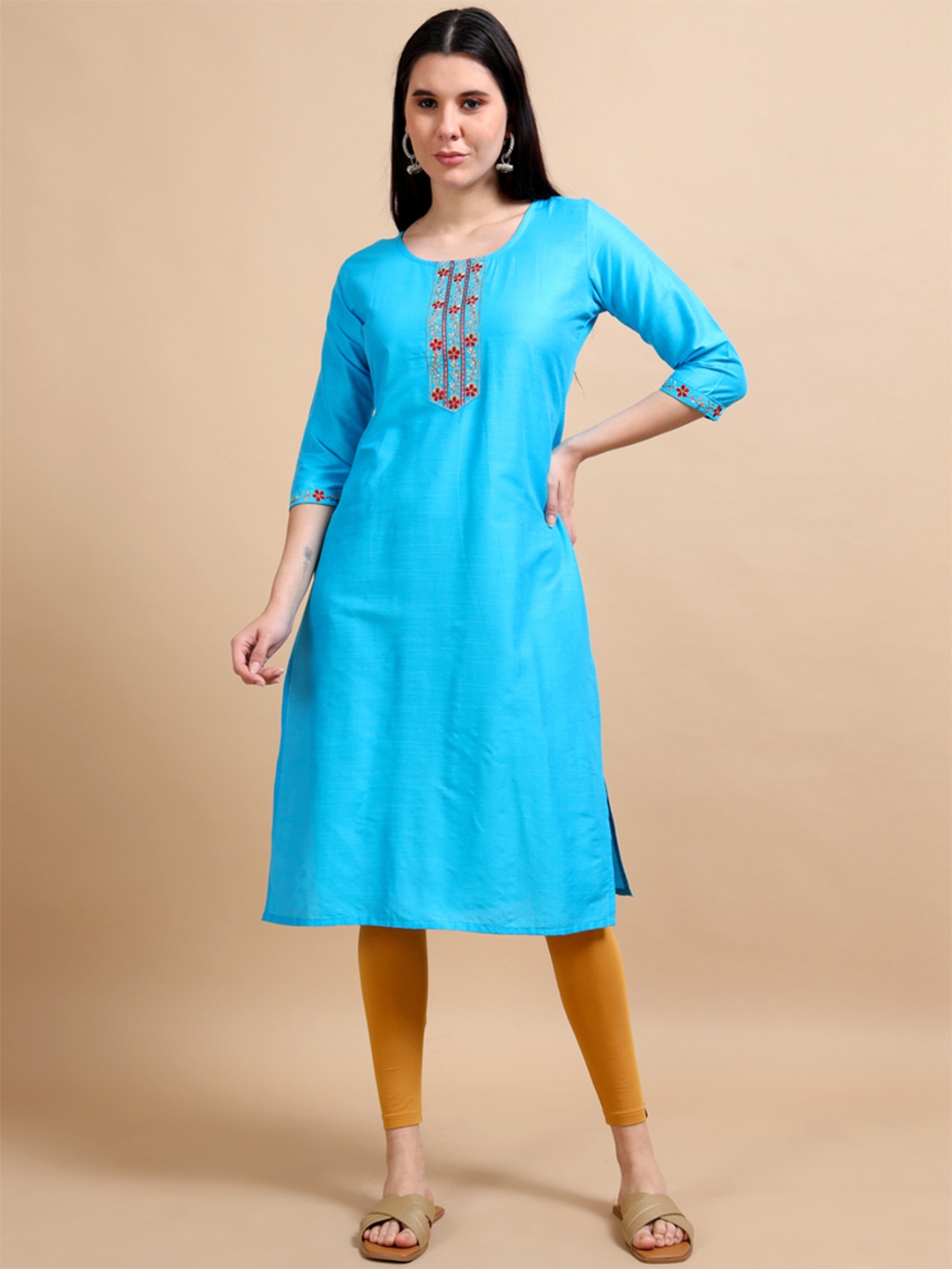 

MIRAAN Floral Embroidered Cotton Silk Thread Work Straight Kurta, Blue