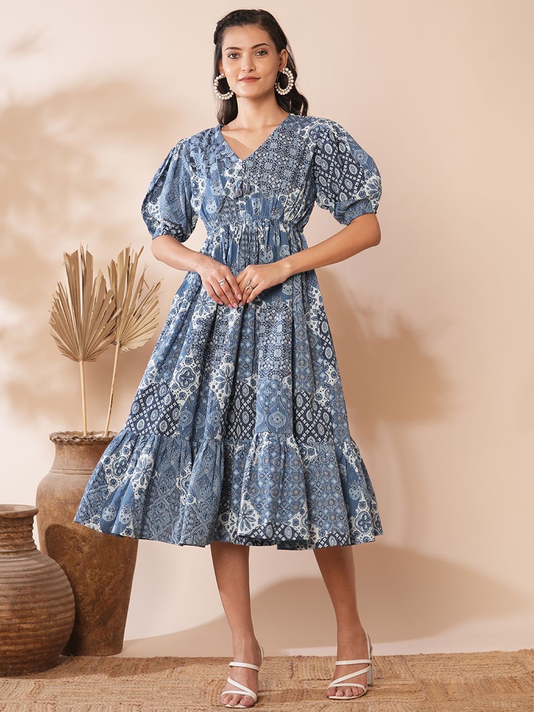 

FASHOR Women Ethnic Motifs Printed Puff Sleeve Fit-Flare Maxi Dress, Blue