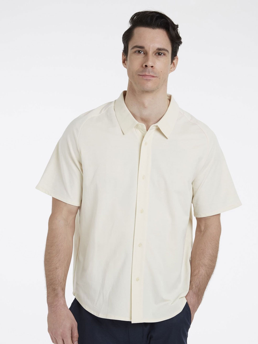 

Roam Everywhere Men Spread Collar Solid Cotton Casual Shirt, Beige