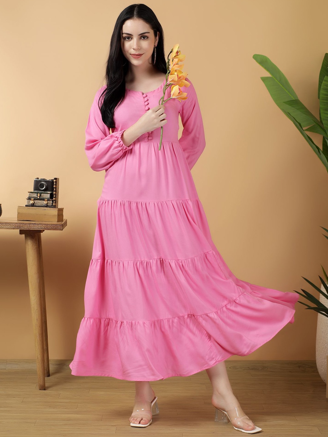 

Bright Nex Women Mandarin Collar Puff Sleeve Maxi Fit & Flare Dress, Pink