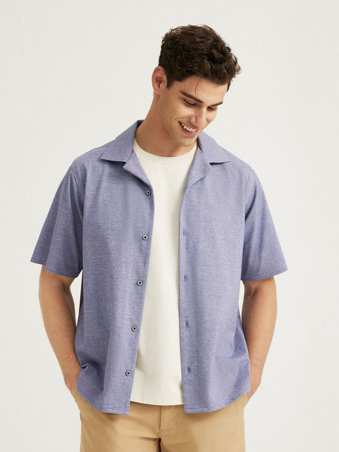 

Roam Everywhere Men Relaxed Fit Cuban Collar Solid Cotton Casual Shirt, Purple