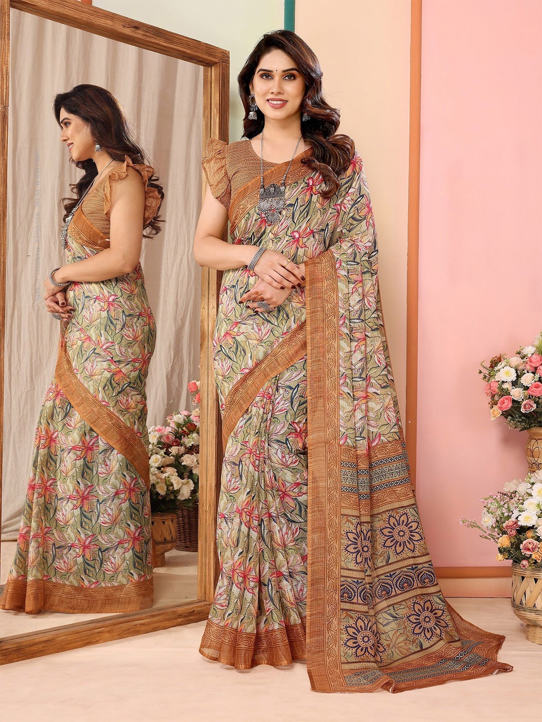 

ROOP SUNDARI SAREES Floral Printed Kota Saree, Coffee brown