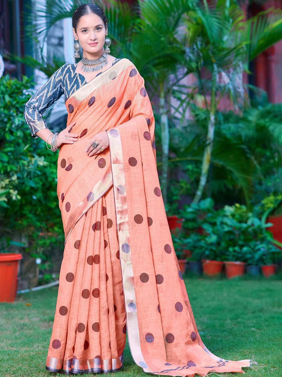 

Kalista Polka Dot Printed Zari Pure Cotton Saree, Orange