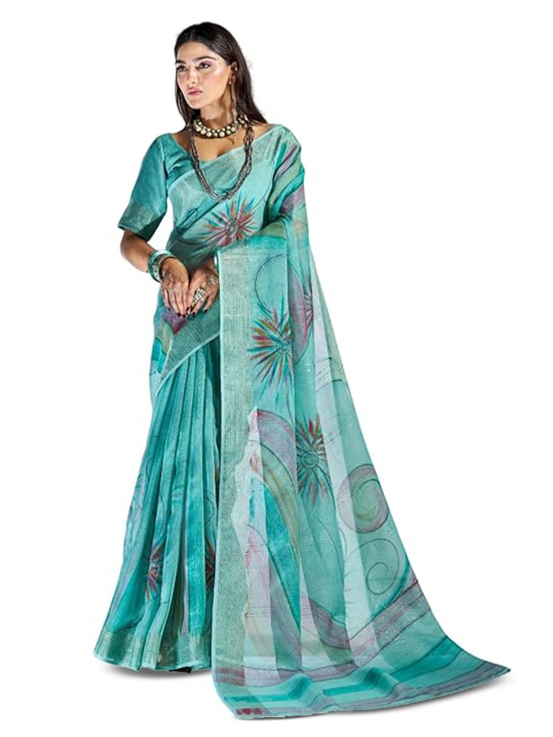 

BW X BUTTERFLY Floral Hand Printed Sequined Pure Cotton Saree With Blouse Piece, Turquoise blue