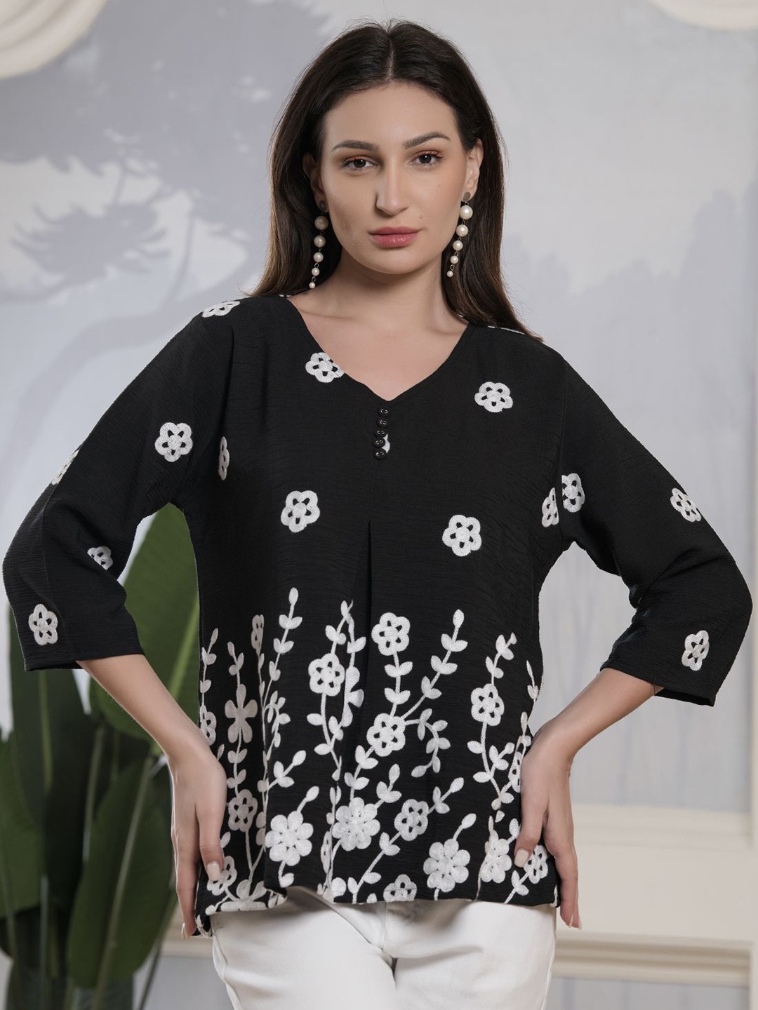 

Albion By CnM Women Floral Embroidered Pure Cotton Blouson Top, Black