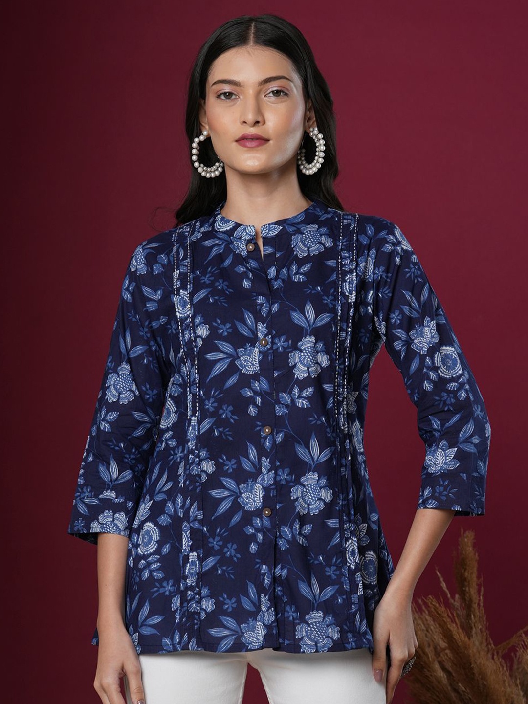 

FASHOR Women Floral Printed Pure Cotton A-Line Kurti, Blue