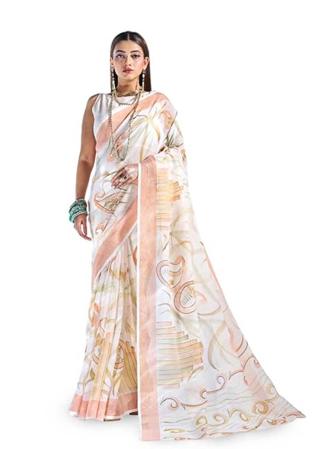 

BW X BUTTERFLY Pure Cotton Paisley Printed Saree With Unstitched Blouse Piece, Off white