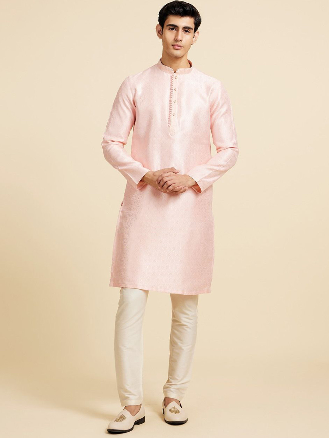 

Diwas by Manyavar Woven Design Mandarin Collar Straight Kurta, Pink