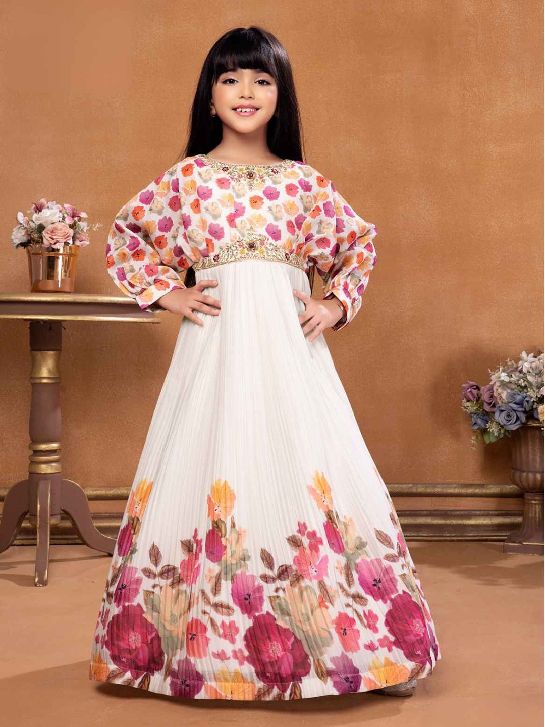 

Lagorii Girls Floral Printed And Sequined Gown Dress, Off white