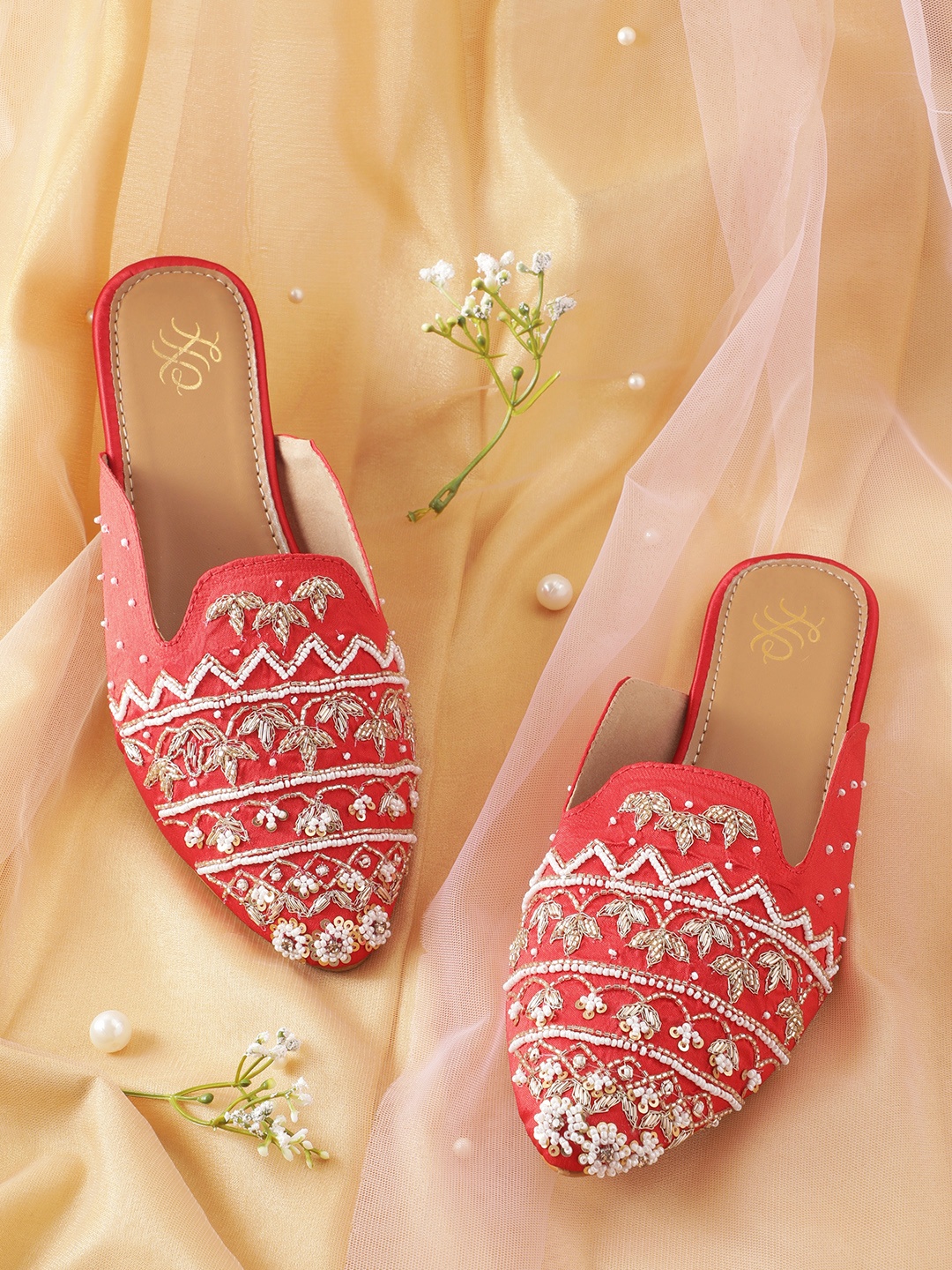 

House of Pataudi Ethnic Motifs Embellished Mules, Coral