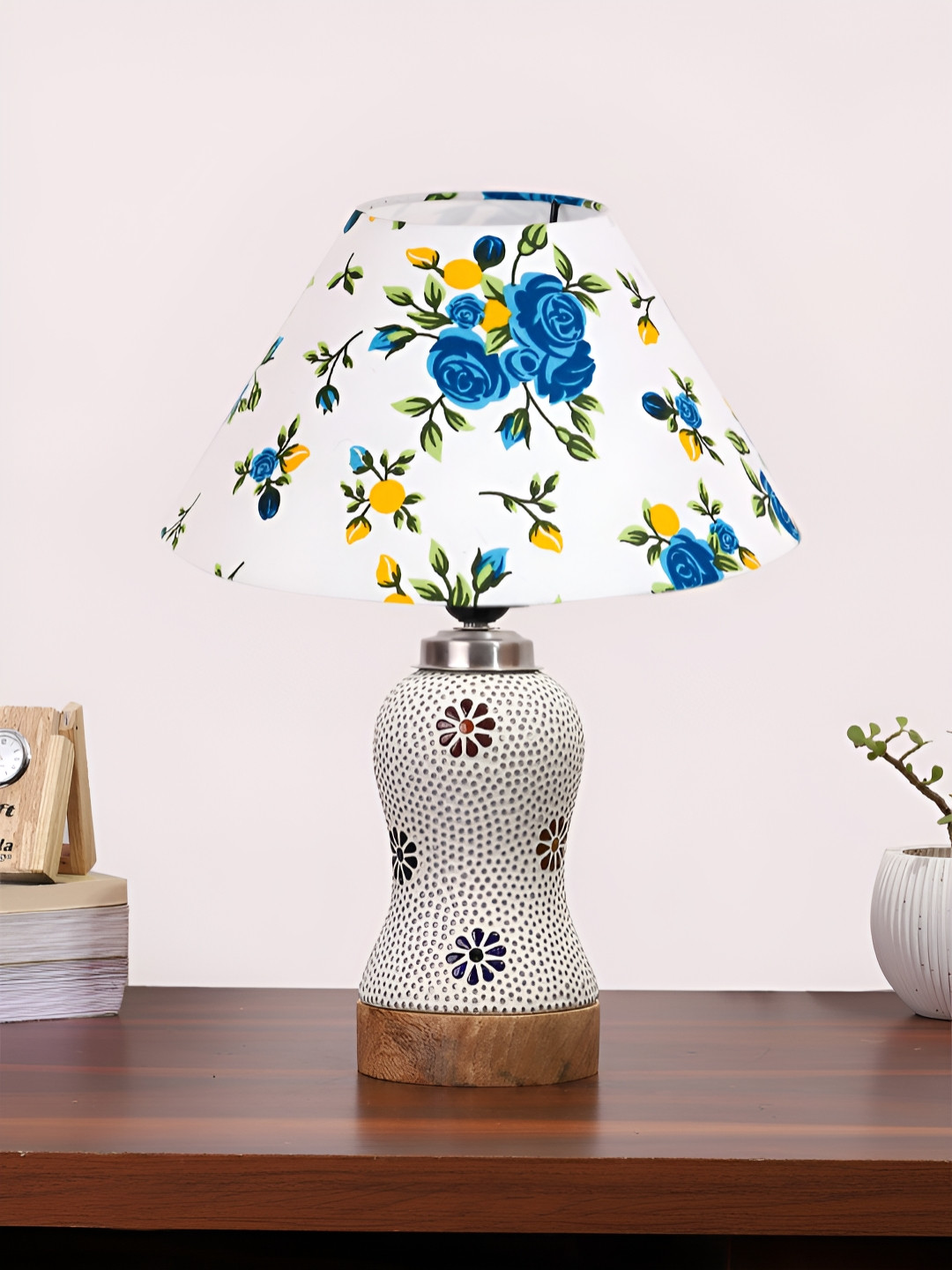 

Devansh White Floral Printed Wooden Frustum Shaped Table Lamp With Mosaic Glass Base