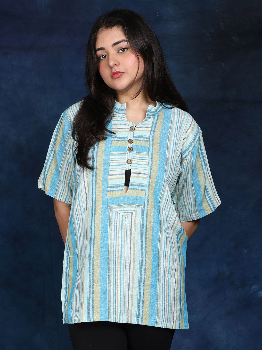 

Exotic India Women Rainbow Stripes Pattern Short Kurti with Front Pocket, White