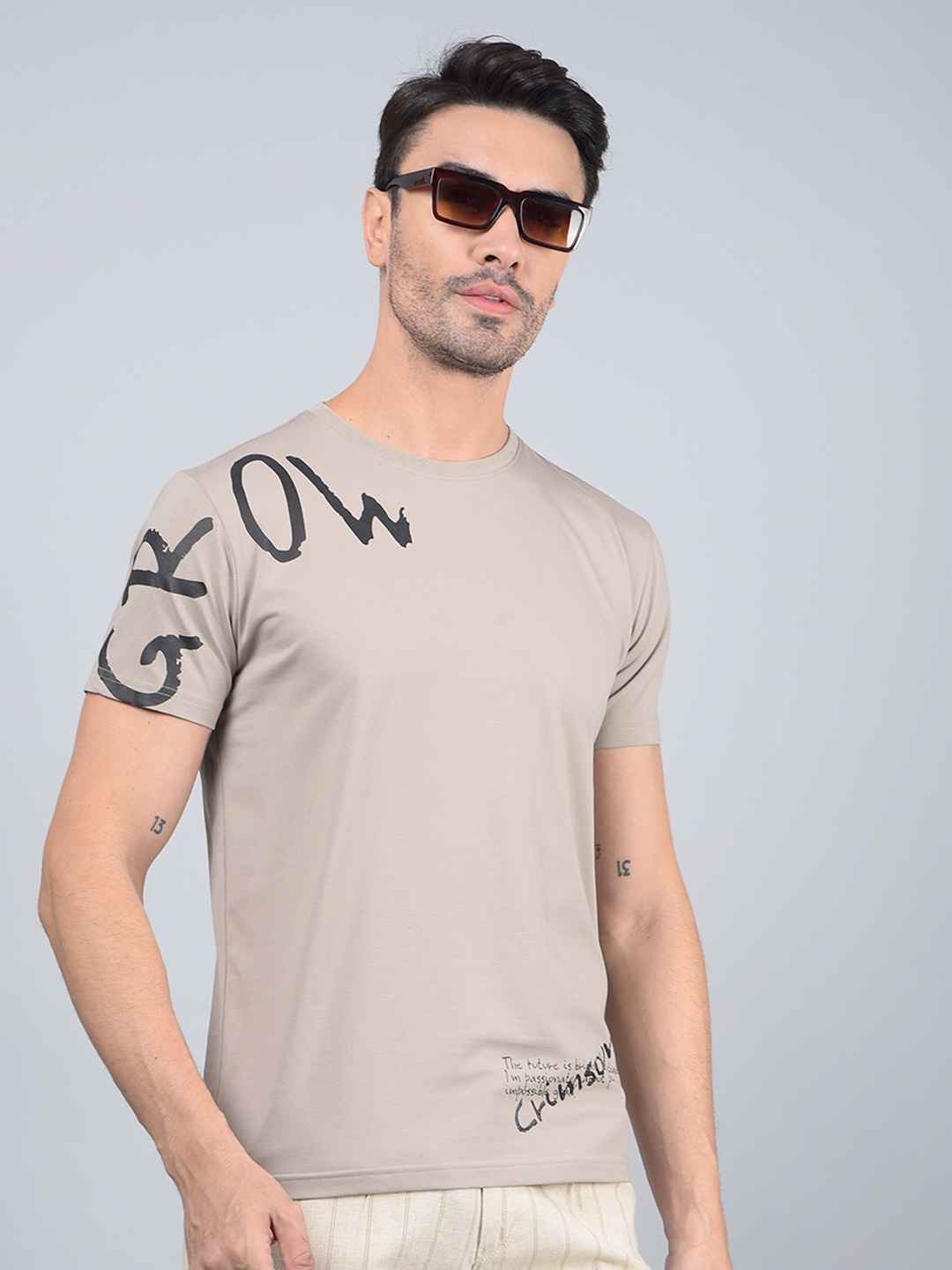 

Crimsoune Club Typography Printed Round Neck Slim Fit Cotton T-shirt, Brown