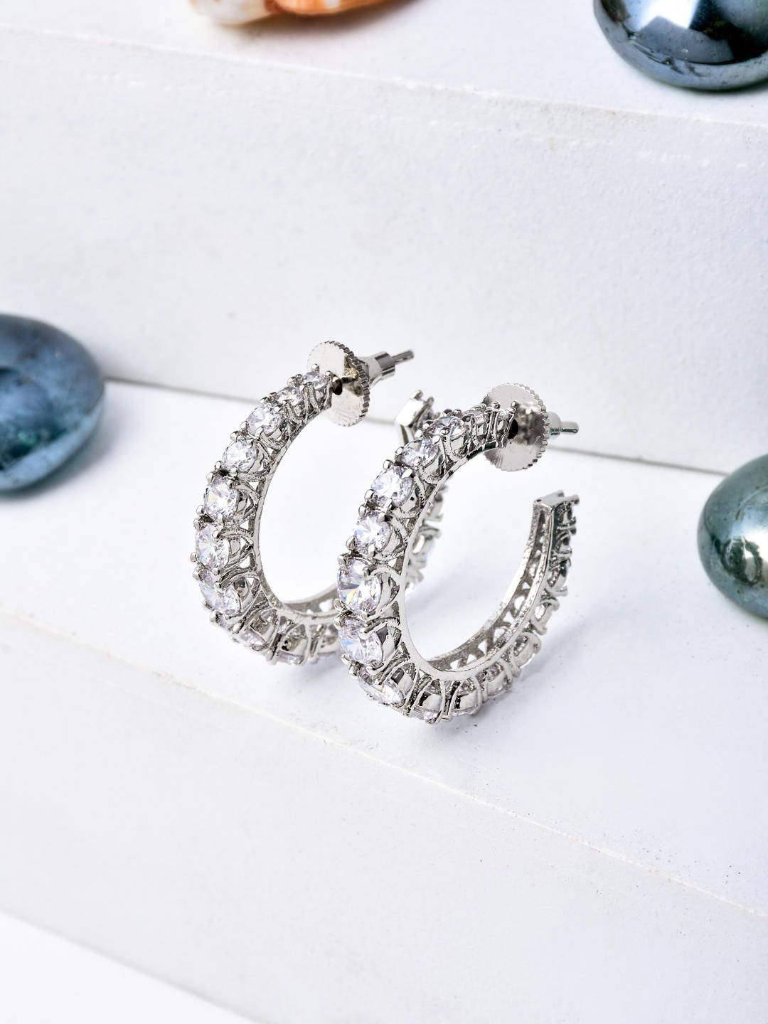 

Reenisaa Rhodium-Plated Artificial Stones Studded Circular Shaped Half Hoop Earrings, Silver