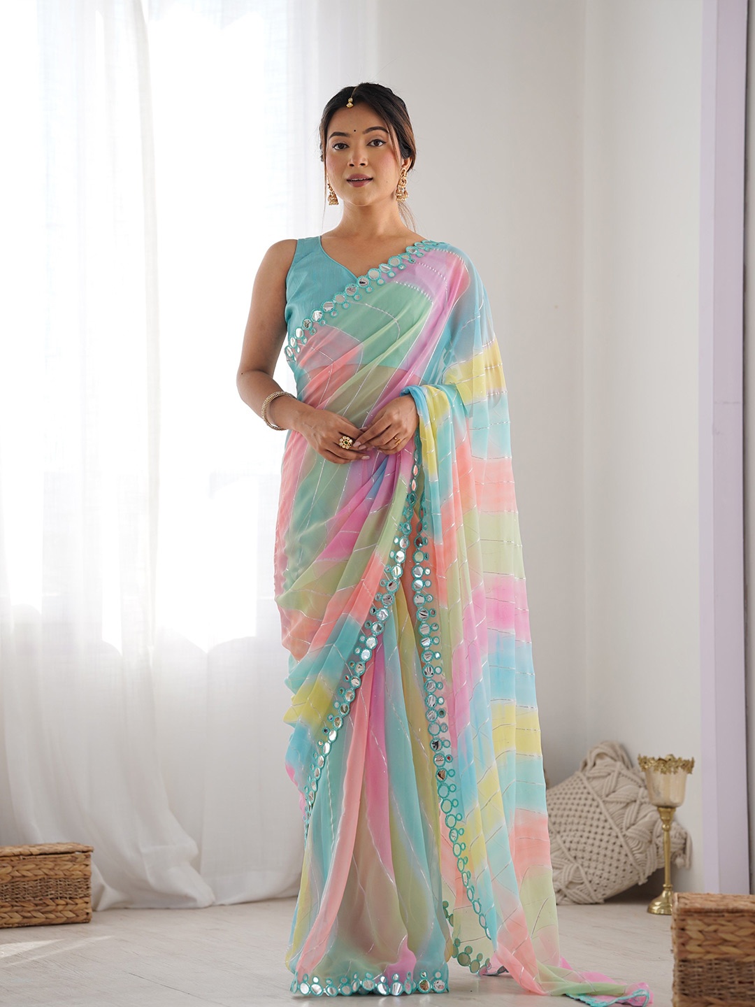 

Globon Impex Leheriya Mirror Work Pure Georgette Saree, Blue