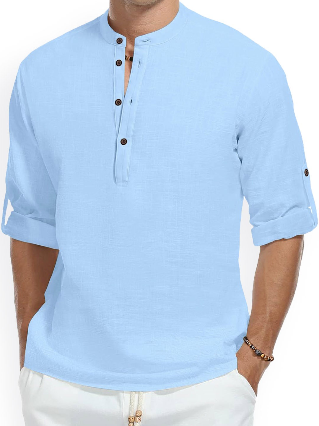 

Fifth U Band Collar Roll-Up Sleeves Wrinkle Free Straight Short Kurta, Turquoise blue