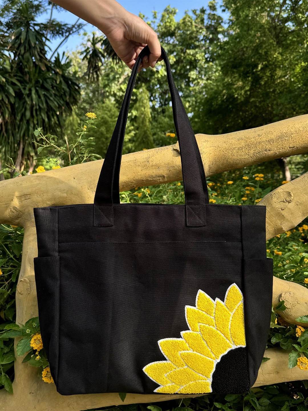 

TSANTA Sunflower Textured Cotton Structured Tote Bag, Black