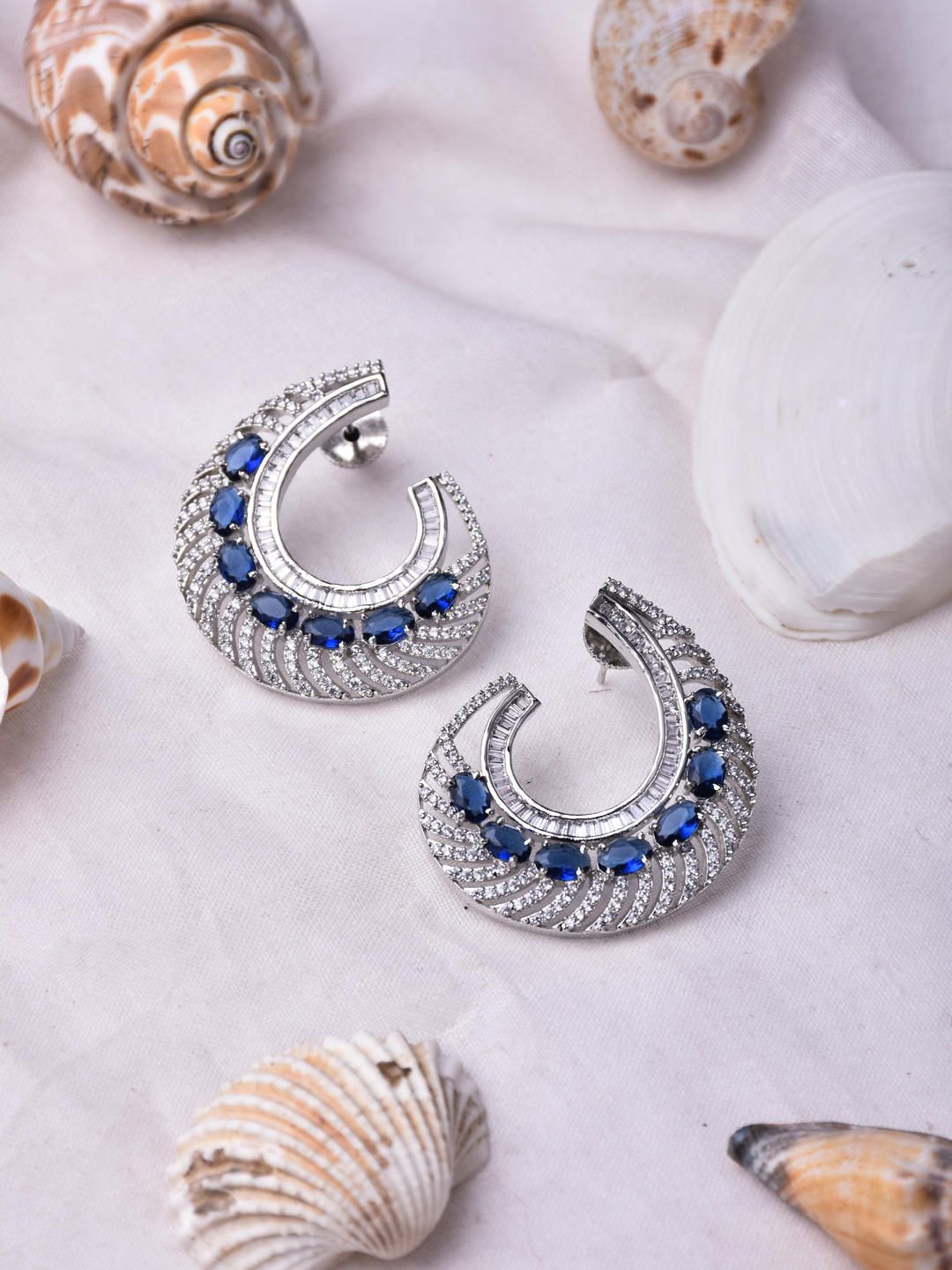 

Reenisaa Rhodium-Plated Cubic Zirconia Studded Crescent Shaped Drop Earrings, Silver