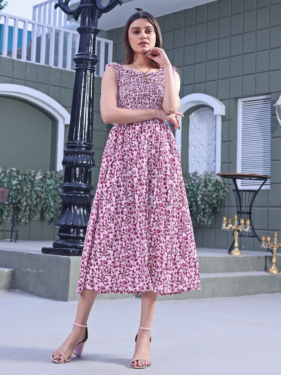 

BAESD Women Floral Printed Ruffled Fit & Flare Dress, Pink