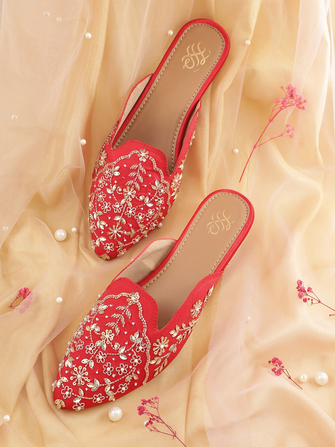 

House of Pataudi Floral Embellished Mules, Red