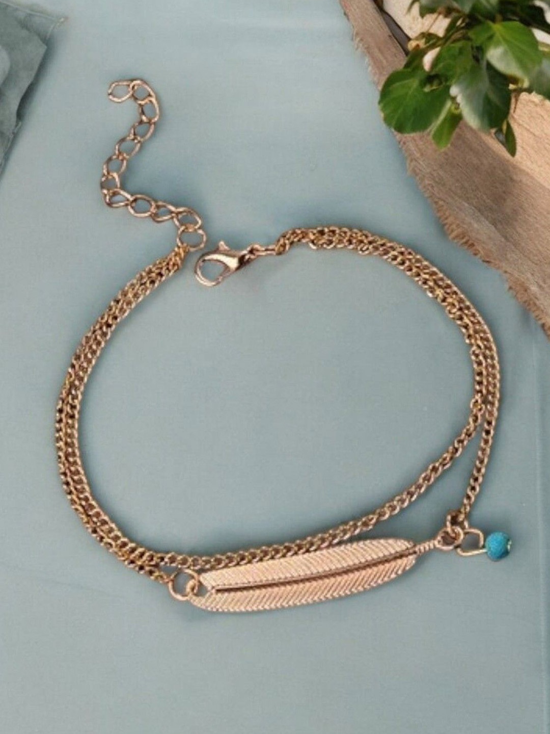 

DressBerry Gold-Plated Artificial Beads Beaded Minimal Bohemian Leaf Anklet