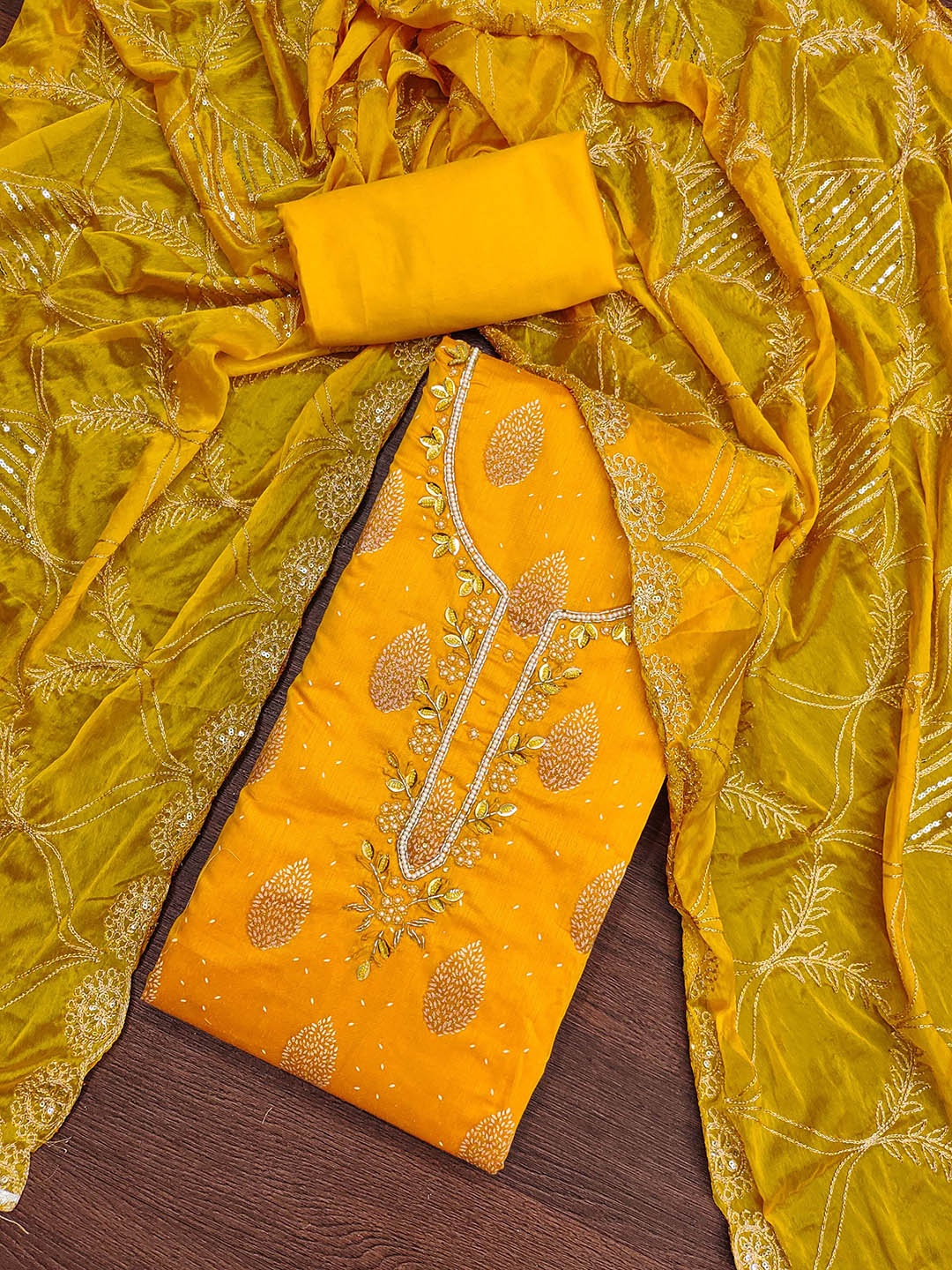 

SHADOW & SAINING Floral Printed Beaded Semi-Stitched Dress Material, Yellow
