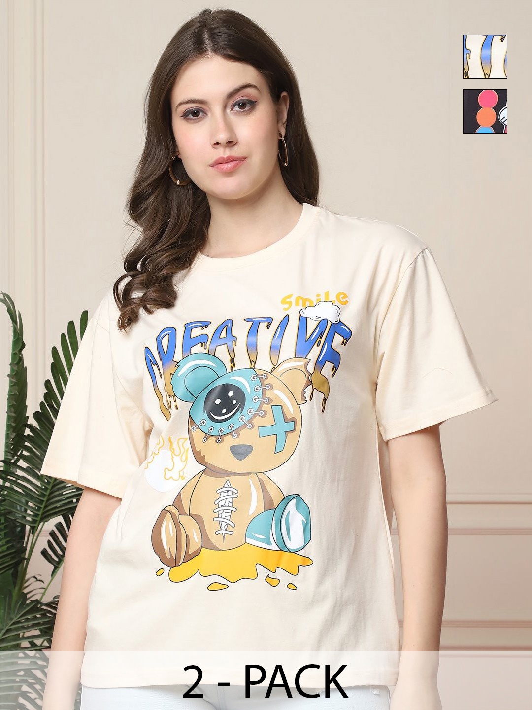 

Tromko Women Pack of 2 Graphic Printed Round Neck Cotton Oversized T-shirts, Cream