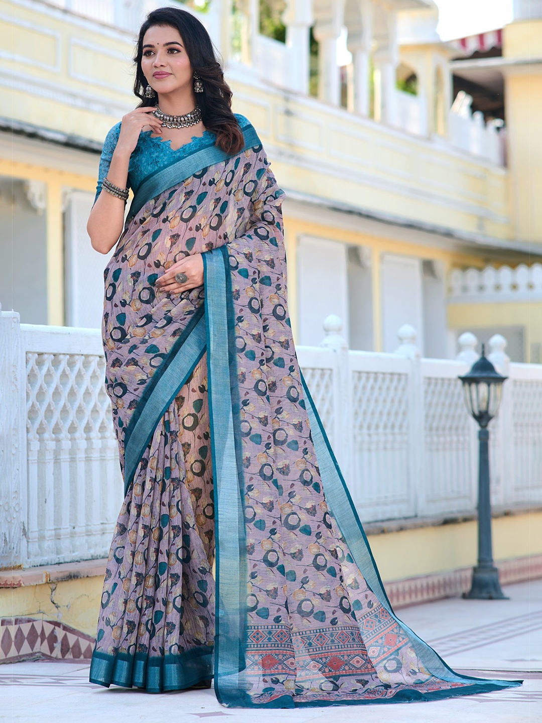 

Kalista Floral Zari Pure Cotton Saree, Blue