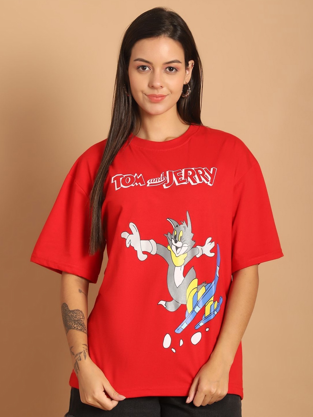

Dreambe Typography Printed Drop-Shoulder Sleeves Pure Cotton Oversized T-shirt, Red
